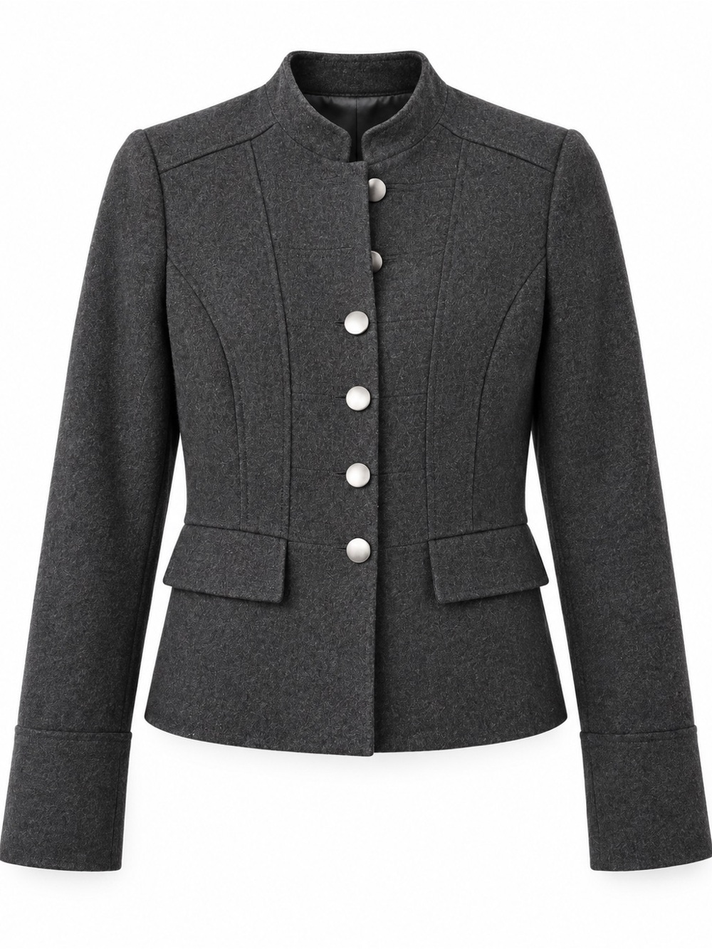 Charcoal Button-Front Women's Wool Blend Jacket